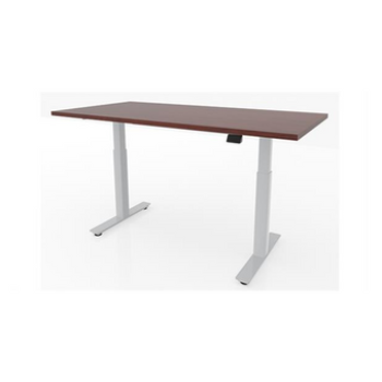 Brown adjustable height desk with white legs
